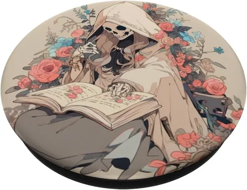Vista 2 de Bibliotecario esqueleto gótico gótico amante de la lectura de libros Beige PopSockets intercambiables PopGrip