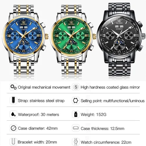Vista 7 de OLEVS Relojes mecánicos automáticos para hombres sin batería reloj de hombre fecha cuerda automática impermeable acero inoxidable marca de lujo