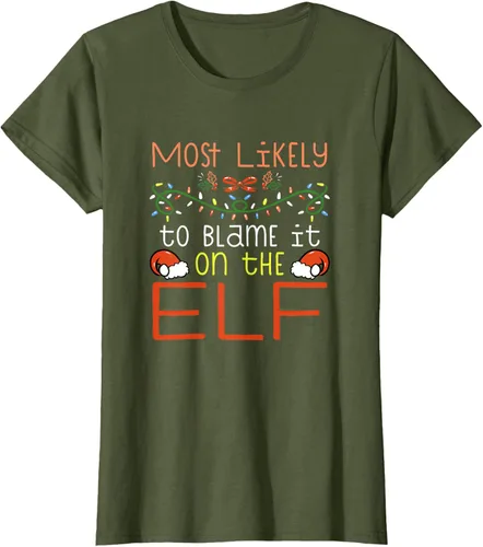 Vista 25 de Camiseta de Navidad familiar a juego con la frase "Most Likely To Blame It On The Elf" Negro