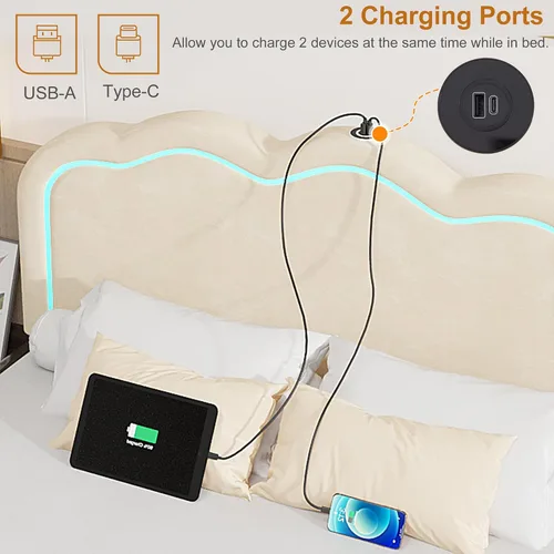 Vista 4 de VECELO Base de cama tapizada tamaño Queen con cabecero ajustable, luces LED, USB-A y tipo C, plataforma de terciopelo sin ruido, base de colchón