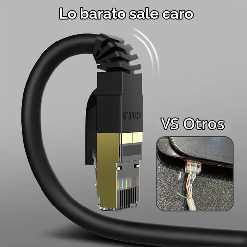 Vista 8 de HiiPeak Cable Ethernet Cat8 de 1 pie, para interiores y exteriores, alta velocidad, 26 AWG Cat8, cable LAN de red Cat8 de 2000 Mhz, 40 Gbps con Negro