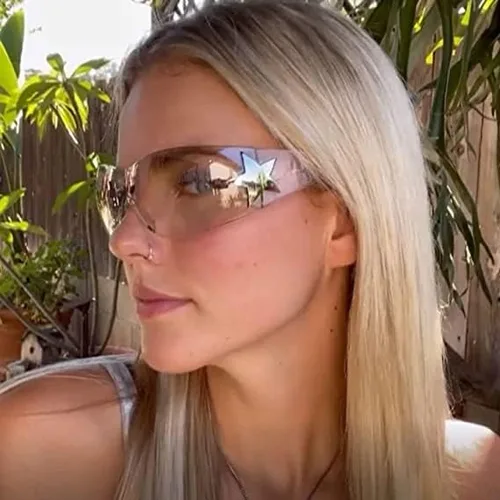 Vista 2 de SORVINO Lentes de sol Y2K sin montura para mujeres y hombres, diseño de escudo futurista de moda, de gran tamaño de los años 2000, con estrellas