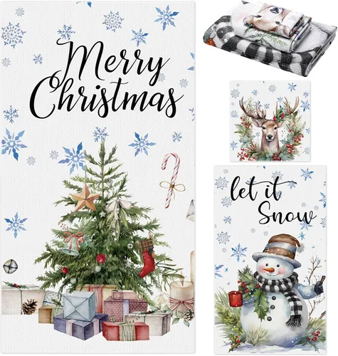 Vista 32 de Preboun Juego de 3 toallas de baño navideñas de gnomo, toallas de mano con árbol de Navidad, toallas de baño con copos de nieve de invierno, toallas