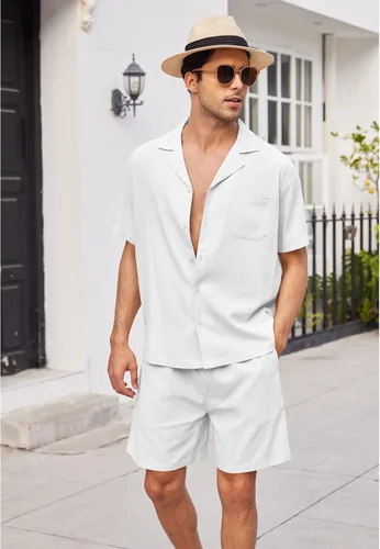 Vista 3 de COOFANDY Camisas de lino de manga corta con botones para hombre, conjunto corto hawaiano de playa de 2 piezas