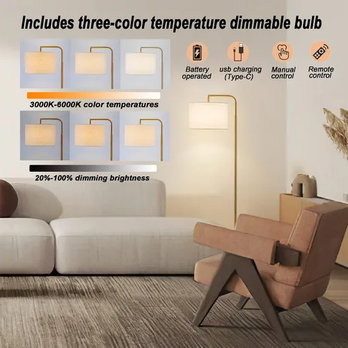 Vista 3 de Lámpara de pie inalámbrica regulable que funciona con pilas con control remoto Lámpara de pie de arco con cabeza ajustable para dormitorio y sala