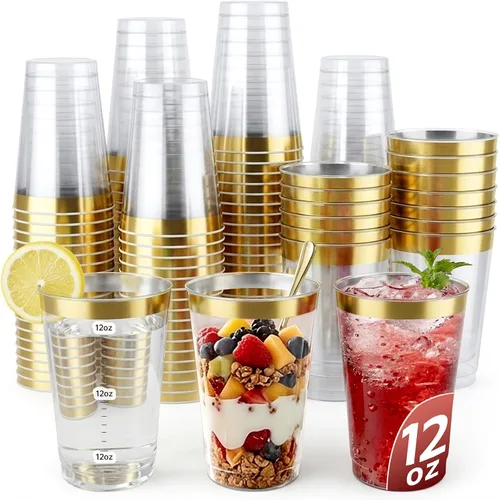 Vista 16 de Byvivace Vasos de plástico transparente de 12 onzas con borde dorado, resistentes y aptos para alimentos, desechables, copas de vino, copas de boda
