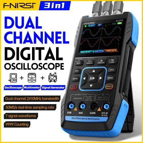 Vista 2 de FNIRSI 2C23T Osciloscopio portátil multifunción de 3 en 1, generador DDS, 2 canales, ancho de banda de 10 MHz, frecuencia de muestreo de 50 MSa/s