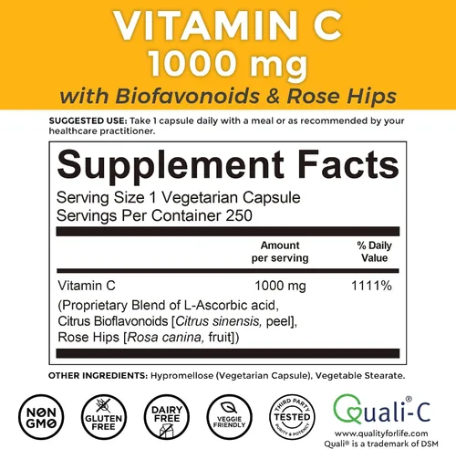 Vista 6 de Vitamina C Viva Naturals Premium Non-GMO con Bioflavonoides y escaramujos, 0.03527 oz, 250 cápsulas vegetales.