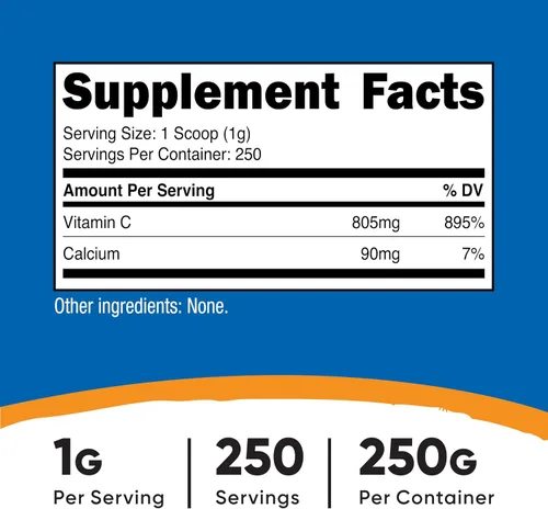 Vista 2 de Nutricost Ascorbato de calcio en polvo 8.82 oz (sin sabor, 250 porciones) - Complejo de vitamina C y calcio, sin OMG, vegano