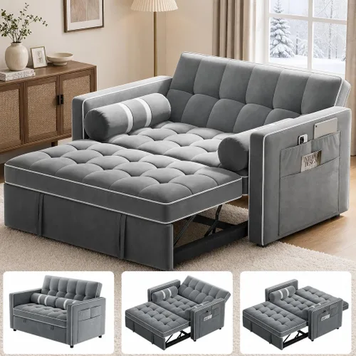 Vista 9 de Pipishell Sofá cama 3 en 1, sofá cama extraíble para sala de estar con puertos USB y bolsillos laterales, respaldo ajustable, sofá biplaza
