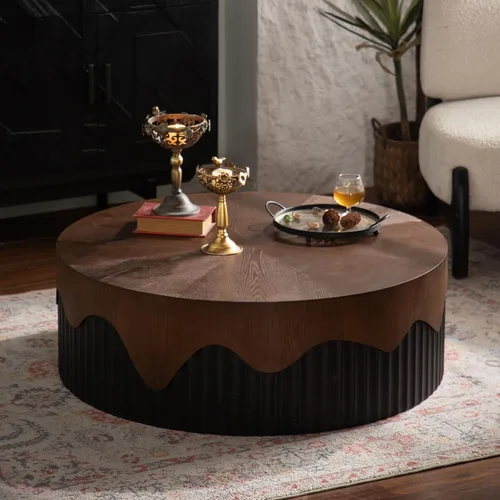Vista 34 de KEVINSPACE Mesa auxiliar negra con borde dorado en la parte inferior, mesa de centro redonda para espacios pequeños, mesa auxiliar de madera mesita