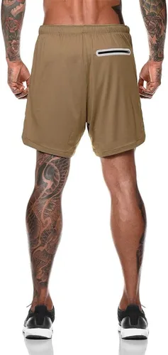 Vista 3 de Akk Pantalones cortos 2 en 1 para hombre, para correr, entrenamiento, yoga, gimnasio, deportes, con bolsillos para teléfono con cremallera