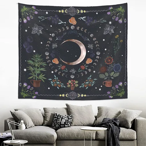 Vista 4 de LINICE Tapiz de plantas, tapiz de fase lunar de la naturaleza para colgar en la pared, tapiz bohemio de mandala estético para decoración