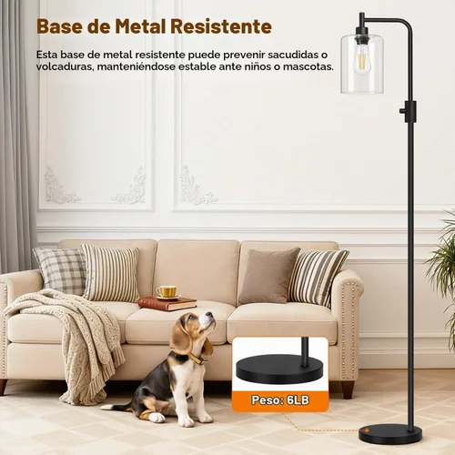 Vista 6 de 【Actualizada】Lámpara de pie regulable para sala de estar con pantalla de vidrio, lámpara de pie industrial moderna negra con bombilla LED de 900LM