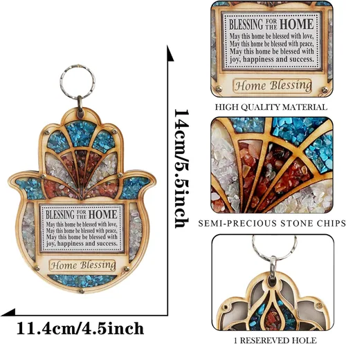 Vista 2 de Bendición Hamsa de madera para el hogar - Decoración de pared de buena suerte con piedras preciosas de imitación (Bendición del hogar)