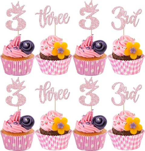 Vista 8 de Paquete de 24 adornos para cupcakes de un cumpleaños, con purpurina para el primer cumpleaños, coronas, decoraciones de pastel feliz para el primer