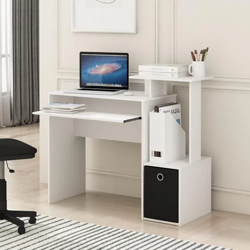 Vista 11 de Furinno Econ Escritorio para Ordenador de Oficina, Pino Ámbar/Negro Side Shelves and Storage Bin, Computer Desk, Office Desk, for Home Office
