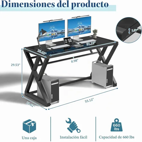 Vista 2 de SAMERY Escritorio para computadora, escritorio de oficina en casa, 55.1 pulgadas, moderno y simple, escritorio de vidrio negro, mesa de computadora