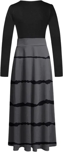 Vista 5 de Vestido bohemio con estampado de rayas para mujer, vestido largo de manga larga, cuello redondo, acampanado, maxi vestidos fluidos