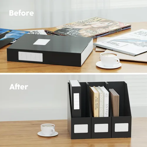 Vista 3 de JiaWei - Portarevistas negros, 3 paquetes de resistente estante de cartón, caja de archivo de organización de escritorio para estantes y escritorio