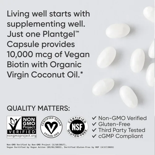 Vista 4 de Biotina de 0.00035 oz con aceite de coco, no transgénicos y sin gluten, 120 minicápsulas blandas vegetarianas