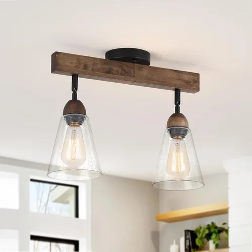 Vista 11 de Lámpara de techo rústica de cristal empotrado, mini pantalla de vidrio transparente y madera de roble, lámpara de techo semiempotrada para cocina