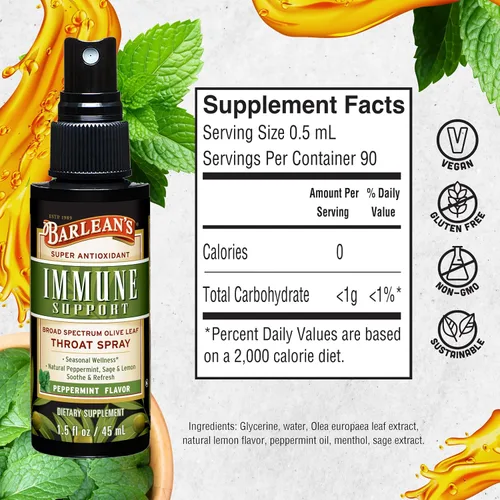 Vista 5 de Barlean's Olive Leaf Complex - Spray para la garganta, suplemento de apoyo inmunológico con menta, limón y salvia para aliviar la picazón