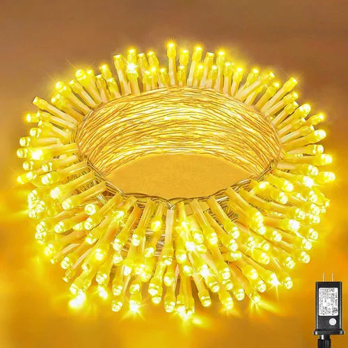 Vista 25 de Guirnalda de luces navideñas con 100 LEDs, tira de 33 pies, 8 modos, conectable, impermeable, parpadeante, con temporizador y memoria, para Azul