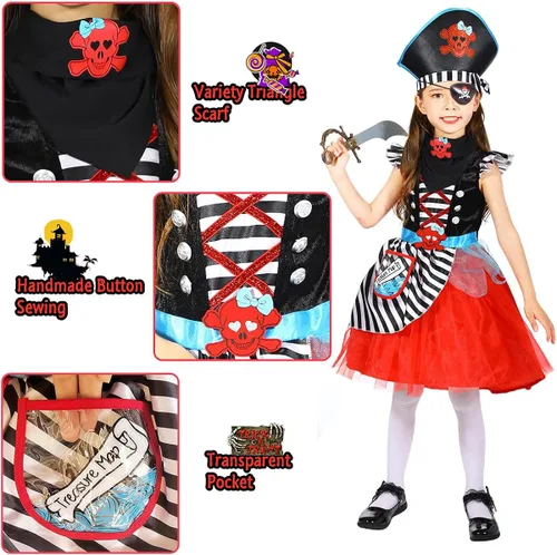 Vista 3 de Wbesty Disfraz de pirata para niñas con vestido espada sombrero parche de ojos bufanda triangular