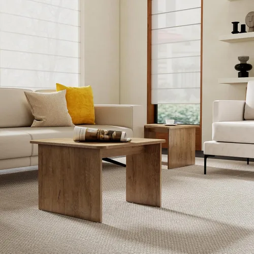 Vista 6 de Juego de 2 mesas de centro anidables modernas, de madera natural, en forma de L, para sala de estar, mesa auxiliar pequeña con mesa central ligera