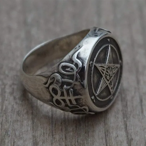 Vista 3 de Anillo de sello vintage para hombre, anillo de pentagrama, anillo de acero inoxidable de Baphomet, anillo gótico satánico, anillo punk
