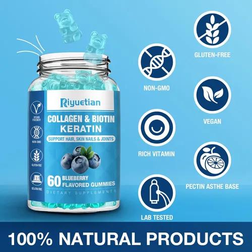 Vista 6 de Gomitas de biotina de 15000 mcg con colágeno para adultos, mujeres y hombres - Gomitas para cabello, piel y uñas con biotina - Colágeno para mujer
