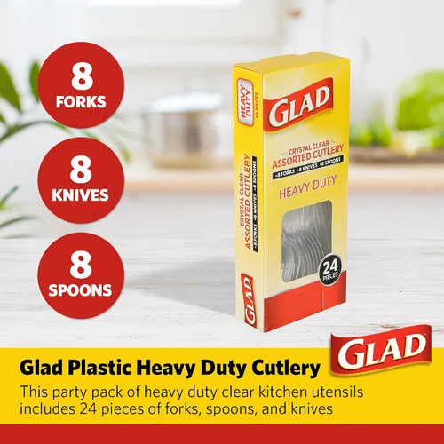 Vista 2 de Glad Juego de cubiertos desechables transparentes con tenedores, cuchillos y cucharas de plástico resistente, utensilios de plástico reutilizables