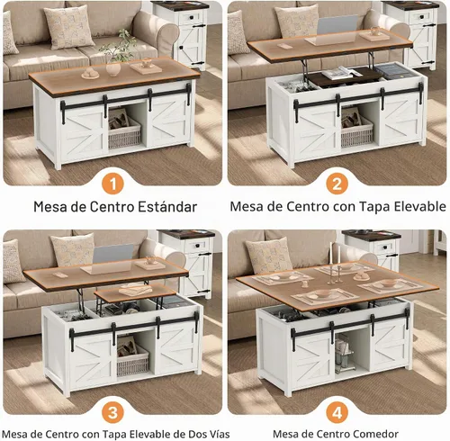 Vista 6 de Furnihold Mesa de centro elevable con almacenamiento, 4 en 1, multifunción, de madera, con puertas correderas de granero, mesa central para sala