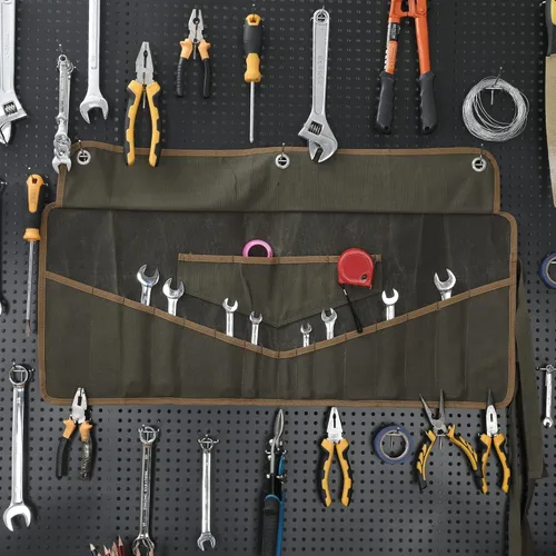 Vista 6 de Rollo de herramientas de llave, bolsa de lona encerada resistente de 16 onzas con 16 bolsillos, ojales de metal y cuerda de amarre, bolsa enrollable