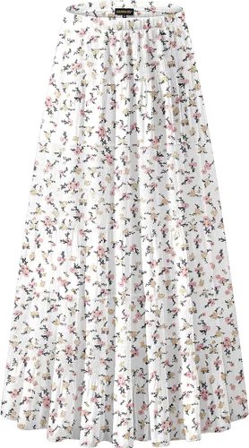 Vista 8 de NASHALYLY - Faldas largas de gasa, acampanadas, plisadas, con cintura alta y elástica para mujer Albaricoque Rosa Floral