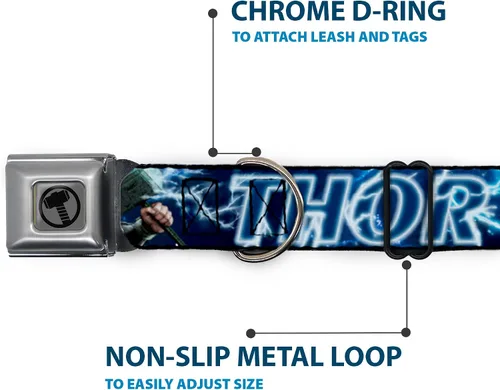 Vista 5 de Collar de perro hebilla para cinturón de seguridad Avengers Thor Hammer Action Pose Galaxy Blues Blanco 9 a 15 pulgadas 1.0 pulgadas de ancho
