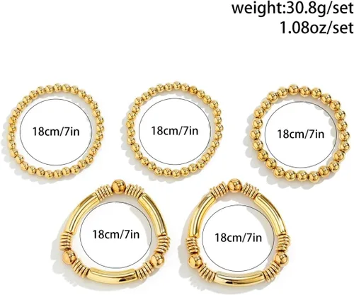 Vista 6 de Juego de 5 pulseras de cuentas de oro para mujer, juego de pulseras apilables de bolas de cuentas chapadas en oro de 14 quilates, pulseras