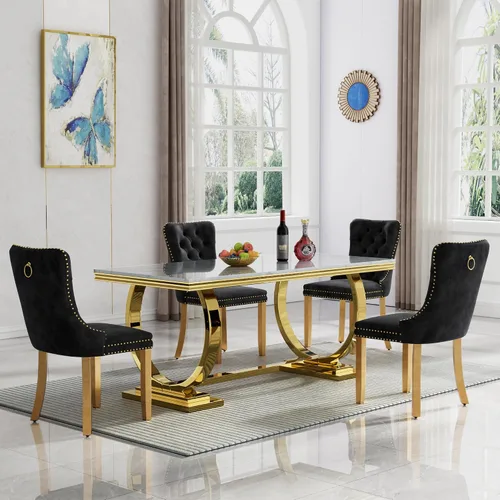 Vista 48 de HomVent Juego de mesa de comedor moderna de mármol sintético para 4 personas, mesa de cocina rectangular con 4 sillas beige (dorado)