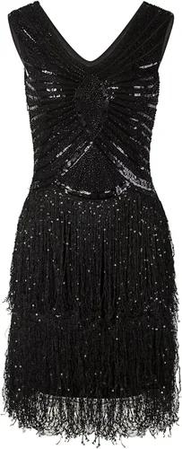 Vista 4 de Vijiv 1920s estilo inspirado Charleston lentejuelas capa borla cóctel vestido de flecos