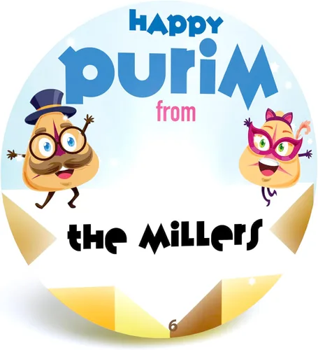 Vista 4 de Pegatinas Purim - Personalizadas para Shalach Manos, Elige tamaño, calidad y plantillas o sube las tuyas. Hechas en los Estados Unidos