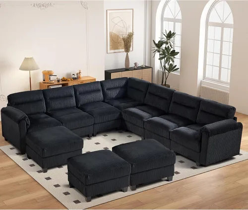 Vista 62 de HAOMARKETS Sofá esquinero modular en forma de L de 115 pulgadas con 2 otomanas móviles, sofás de pana de 8 plazas con cojín grueso para sala de Beige