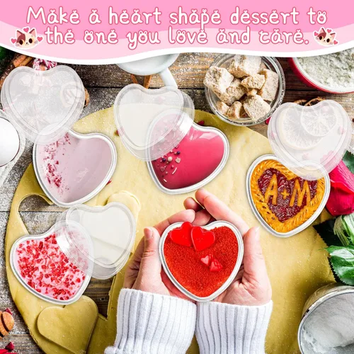 Vista 4 de 40 paquetes de moldes de aluminio en forma de corazón con tapas para hornear 3.4 onzas/3.4 fl oz para cupcakes para hornear para fiestas de boda