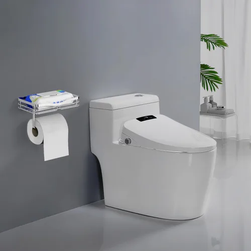 Vista 5 de Soporte de papel higiénico con estante de almacenamiento, cepillado, montaje sin taladros, se adapta a toallitas húmedas de tamaño Costco, para baño