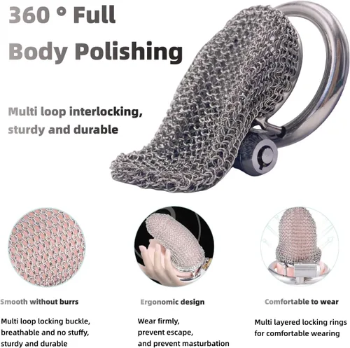 Vista 3 de Jaula de castidad masculina, dispositivo de castidad de malla metálica flexible para el pene con anillo de 1.772 in, juguete sexual para adultos