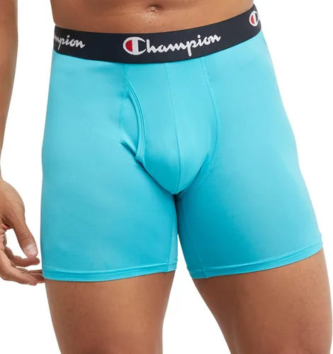 Vista 2 de Champion Calzoncillos tipo bóxer elásticos ligeros para hombre, paquete de 3 unidades Negro con logotipo de escritura/cian eléctrico/escarlata