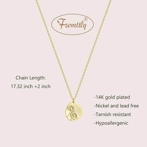 Vista 5 de Collar con dije de moneda ovalada con flor de 12 meses de nacimiento, collar de oro real de 14 quilates, delicada, regalo personalizado