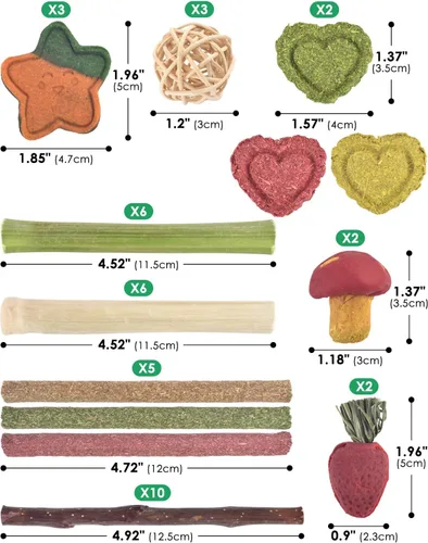 Vista 5 de ERKOON 53 juguetes masticables de conejo para dientes de conejos, juguetes naturales de conejo con palitos de madera de manzana, zanahoria, hierba