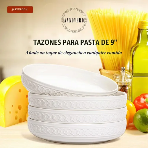 Vista 2 de Annovero Juego de 4 cuencos para pasta, color blanco, 40 onzas, 9 pulgadas de diámetro