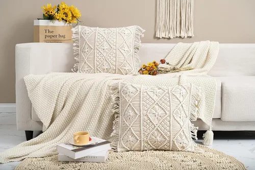 Vista 2 de Juego de 2 fundas de almohada de macramé, 100% algodón, decorativas, con flecos, decoración bohemia para el hogar